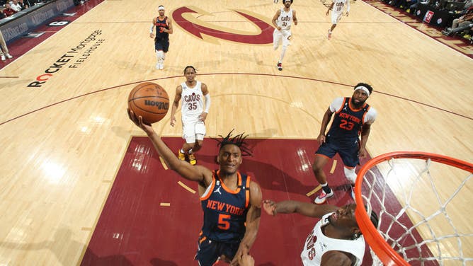 Knicks SG Immanuel Quickley drives to the basket during Game 5 of the 2023 NBA Playoffs vs. the Cavaliers at Rocket Mortgage Fieldhouse in Cleveland, Ohio.