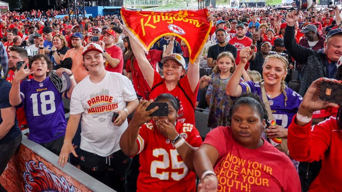 Kansas City Chiefs fans fill the Draft Theatre during the third day of the NFL Draft on April 29, 2023 at Union Station in Kansas City, MO.