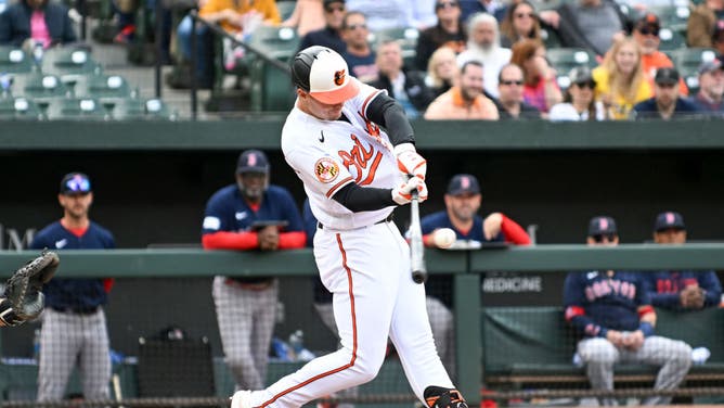 Orioles 1B Ryan Mountcastle bats during the sixth inning against the Red Sox at Oriole Park at Camden Yards.