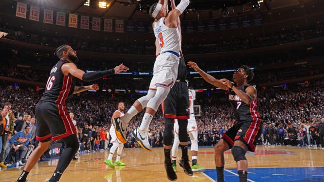 New York Knicks SF Josh Hart grabs a rebound during Game 2 of the Eastern Conference Semifinals at Madison Square Garden.