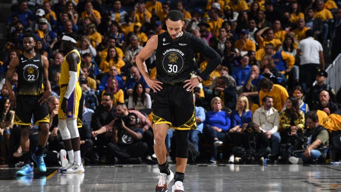 Curry looks tired and mad during Game 1 of Lakers-Warriors at Chase Center.