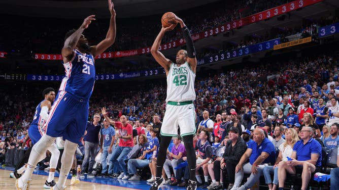 Boston Celtics C Al Horford shoots a three during Game 4 of the 2023 Eastern Conference Semifinals vs. the Philadelphia 76ers at the Wells Fargo Center.