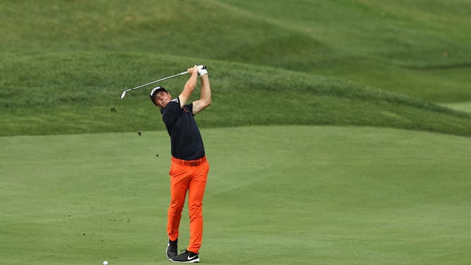 Viktor Hovland plays a shot on the 18th hole during the final round of the 2020 Travelers Championship at TPC River Highlands in Cromwell, Connecticut.