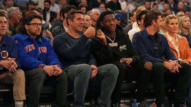 Actor Jerry Ferrara, Jets QB Aaron Rodgers and CB Sauce Gardner and former New York Ranger Henrik Lundqvist sits courtside during the 2023 NBA Playoffs at Madison Square Garden.