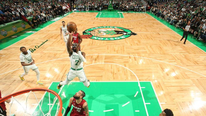 Celtics SF Jaylen Brown shoots a floater on the Miami Heat at the TD Garden.