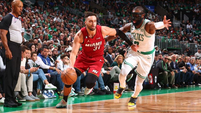 Celtics SF Jaylen Brown defends Heat SG Max Strus during Game 1 of the ECF at the TD Garden in Boston.
