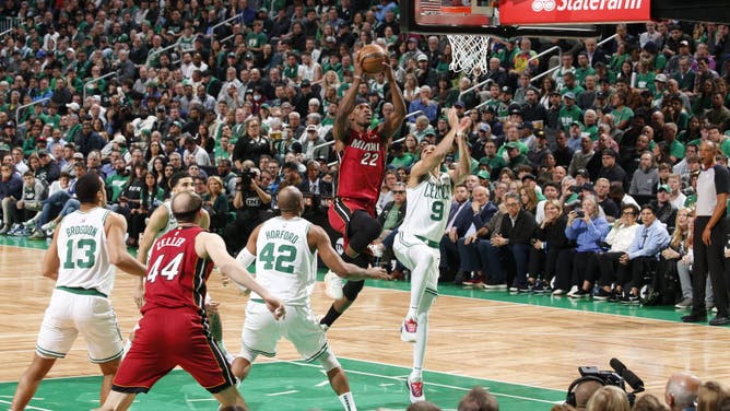 Butler gets to the rack in Game 1 of the 2023 Eastern Conference Finals vs. the Celtics at the TD Garden in Boston.