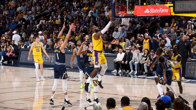 LeBron James drives to the basket vs. the Denver Nuggets in Game 2 of the 2023 Western Conference Finals.
