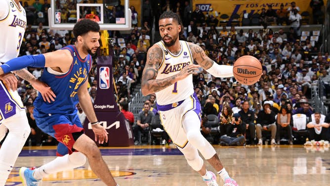 Lakers PG D'Angelo Russell dribbles the ball during Game 3 of the 2023 Western Conference Finals vs. the Nuggets at Crypto.Com Arena in Los Angeles.
