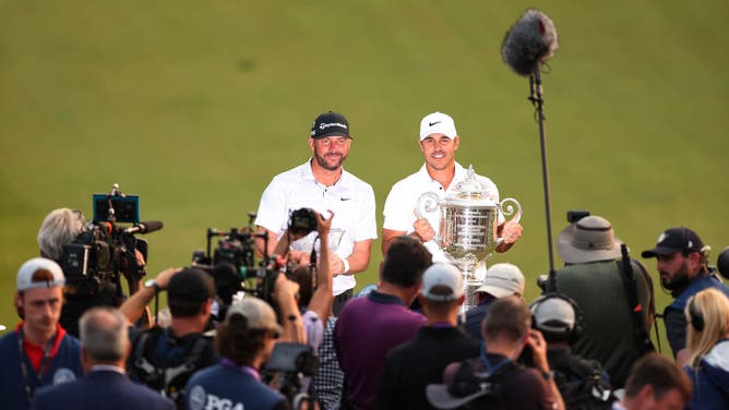 The 2023 Low PGA Professional, Michael Block, poses with 2023 PGA Champion Brooks Koepka after the final round of the PGA Championship at Oak Hill Country Club on Sunday, May 21, 2023 in Rochester, New York.