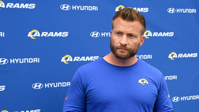 Rams head coach Sean McVay speaks at a news conference following workouts at California Lutheran University in Thousand Oaks, California.