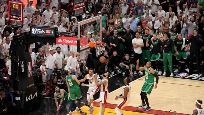 Boston Celtics SG Derrick White hits the game-winner vs. the Heat during Game 6 of the 2023 NBA Playoffs Eastern Conference Finals at Kaseya Center in Miami.