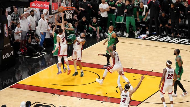 Celtics SG Derrick White hits the game-winner vs. the Heat during Game 6 of the 2023 NBA Eastern Conference Finals at Kaseya Center in Miami.