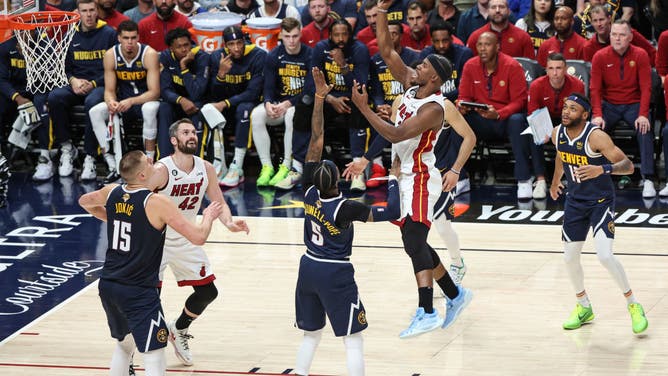 Heat SF Jimmy Butler puts up a floater vs. the Nuggets in Game 2 of the 2023 NBA Finals at the Ball Arena.