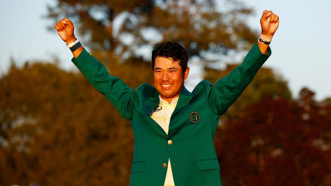 Hideki Matsuyama during the Green Jacket Ceremony after winning the 2021 Masters at Augusta National Golf Club in Augusta, Georgia.