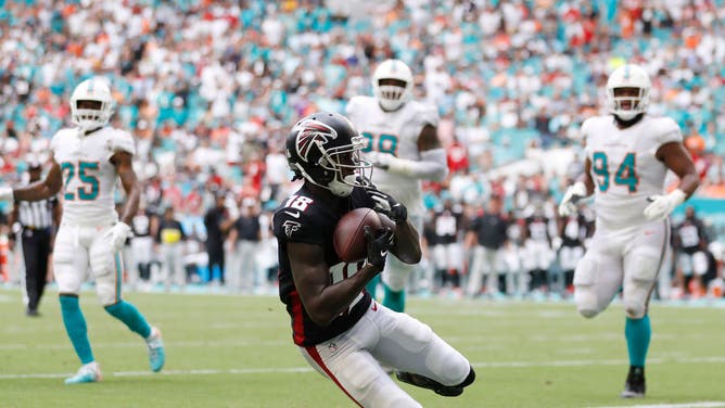 Calvin Ridley catches a touchdown pass for the Atlanta Falcons against the Miami Dolphins, the last time we saw him on an NFL field. The next time he appears, it will be as a member of the Jacksonville Jaguars.