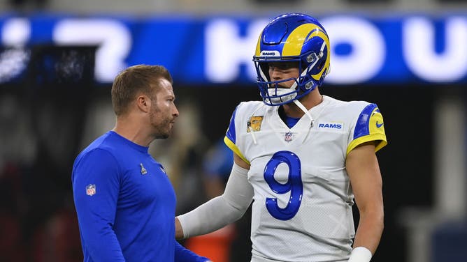 Rams head coach Sean McVay and QB Matthew Stafford converse prior to playing the Tennessee Titans at SoFi Stadium in Los Angeles.