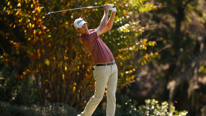 Chesson Hadley his the ball off the 14th tee The RSM Classic 2021 on the Plantation Course at Sea Island.