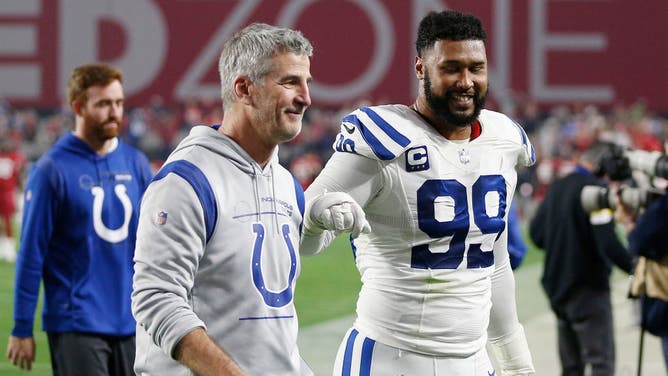 Indianapolis Colts head coach Frank Reich and DT DeForest Buckner celebrate after a win last season.