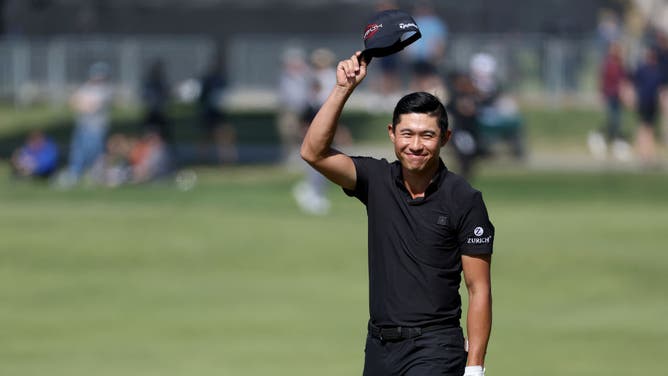 Collin Morikawa reacts after chipping in to make an eagle on the 10th hole during the final round of The Genesis Invitational at Riviera Country Club in Pacific Palisades, California.