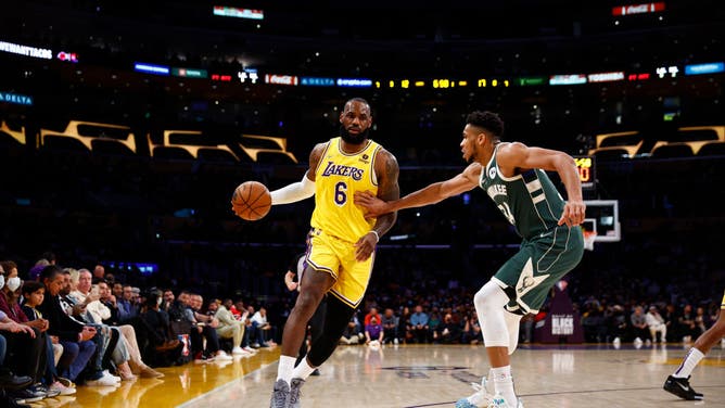 Lakers' LeBron James puts in work against Bucks' All-Star Giannis Antetokounmpo at Crypto.com Arena on February 08, 2022 in Los Angeles.