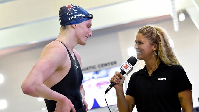 Trans-identifying biological male Lia Thomas talks with ESPN after defeating biological women at the NCAA Swimming and Diving Championships.