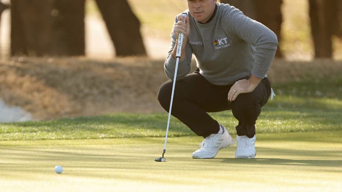 Luke List lines up a putt on the 13th green during the Valero Texas Open at TPC San Antonio in Texas.
