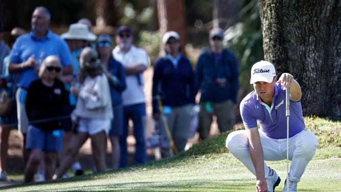 Justin Thomas lines up a putt in the RBC Heritage at Harbor Town Golf Links in Hilton Head Island, South Carolina.