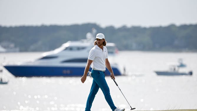 Tommy Fleetwood lines up a putt on the 18th green during the final round of the 2022 RBC Heritage at Harbor Town Golf Links in South Carolina.