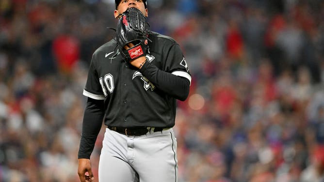 White Sox closer Reynaldo Lopez reacts as he leaves the game after giving up two runs during the 7th inning vs. the Guardians at Progressive Field in Cleveland, Ohio.