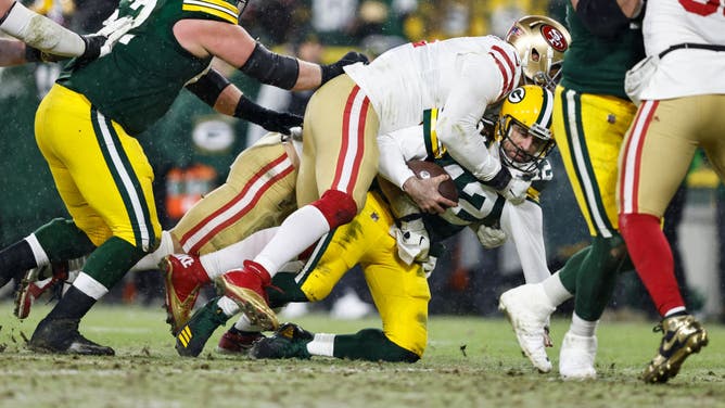 Arik Armstead of the San Francisco 49ers sacks Aaron Rodgers of the Green Bay Packers during the NFL Divisional Round. The Packers traded Rodgers to the New York Jets this offseason.