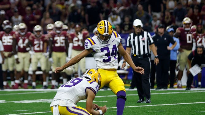 LSU Tigers PK Damian Ramos kicks a PAT with no time left on the clock vs. the Florida State Seminoles at Caesars Superdome in New Orleans.