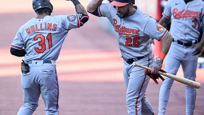 Orioles' Cedric Mullins and Anthony Santander celebrate a solo HR vs. the Cleveland Guardians during the first inning at Progressive Field in Cleveland, Ohio.