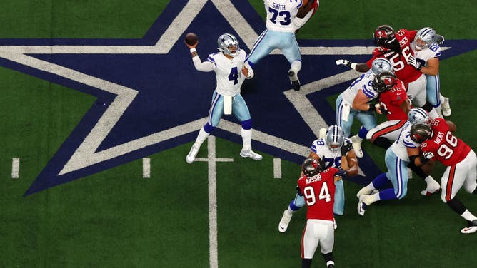 Dallas Cowboys QB Dak Prescott throws against the Tampa Bay Buccaneers at AT&T Stadium in Arlington, Texas.
