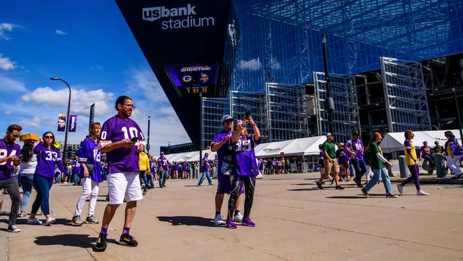 A view outside the stadium before a game between the Minnesota Vikings and Green Bay Packers at U.S. Bank Stadium in Minneapolis, Minnesota.