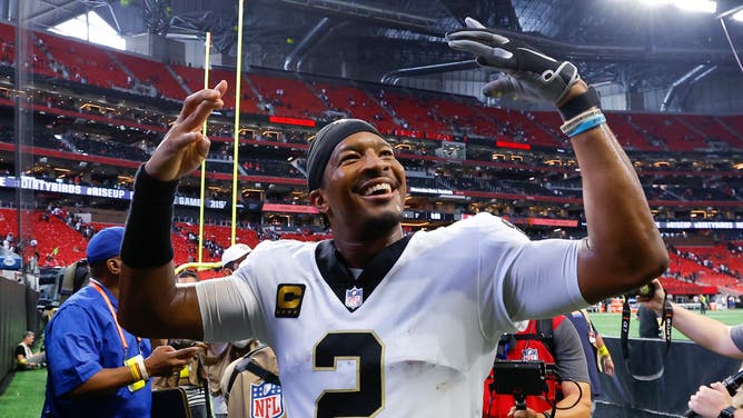 Jameis Winston of the New Orleans Saints reacts at the conclusion of the 27-26 victory over the Atlanta Falcons at Mercedes-Benz Stadium on September 11, 2022 in Atlanta, Georgia.