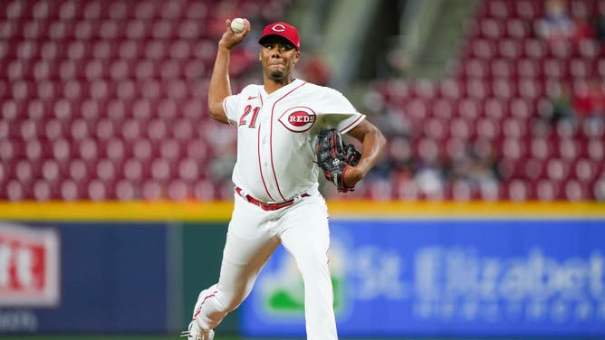 Reds starting RHP Hunter Greene pitches against the Brewers at Great American Ball Park in Cincinnati, Ohio.