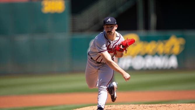 Strider pitches against the Oakland Athletics at RingCentral Coliseum in Oakland, California.