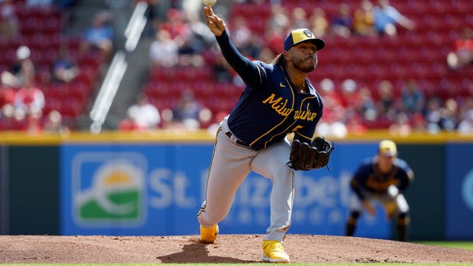 Brewers RHP Freddy Peralta pitches vs. the Reds at Great American Ball Park in Cincinnati, Ohio.