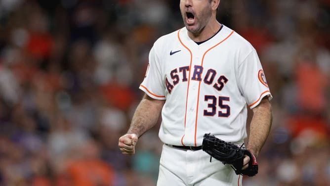 Houston Astros Justin Verlander reacts to a strike out at Minute Maid Park in Houston.