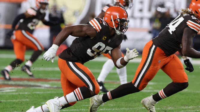 Cleveland Browns edge rusher Myles Garrett plays against the Pittsburgh Steelers at FirstEnergy Stadium in Cleveland, Ohio.