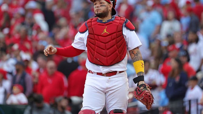 Yadier Molina stands at home plate during Game 1 of the NL Wild Card series vs. the Philadelphia Phillies at Busch Stadium in St Louis, Missouri.