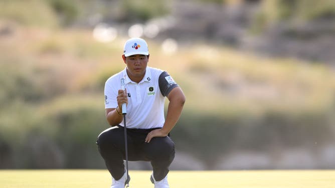 Tom Kim lines up a putt on the 17th green during the final round of the Shriners Children's Open at TPC Summerlin in Las Vegas.