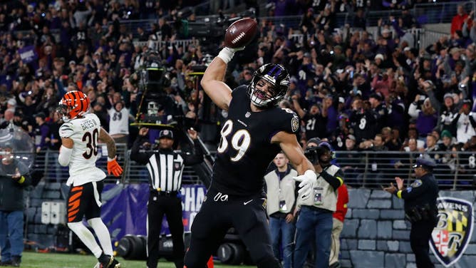 Baltimore Ravens TE Mark Andrews spikes the ball after scoring a TD against the Cincinnati Bengals at M&T Bank Stadium in Baltimore, Maryland.