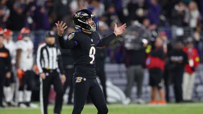 Baltimore Ravens PK Justin Tucker is feeling himself after nailing a field goal in the 3rd quarter against the Cincinnati Bengals at M&T Bank Stadium in Baltimore, Maryland.