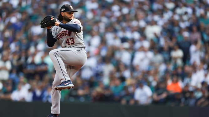 Houston Astros starting RHPLance McCullers Jr. delivers during the 4th inning against the Seattle Mariners in Game 3 of the American League Division Series at T-Mobile Park in Seattle, Washington.