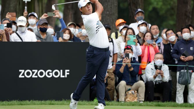 Si Woo Kim hits his tee shot on the 2nd hole during the final round of the ZOZO Championship at Accordia Golf Narashino Country Club in Inzai, Chiba, Japan.