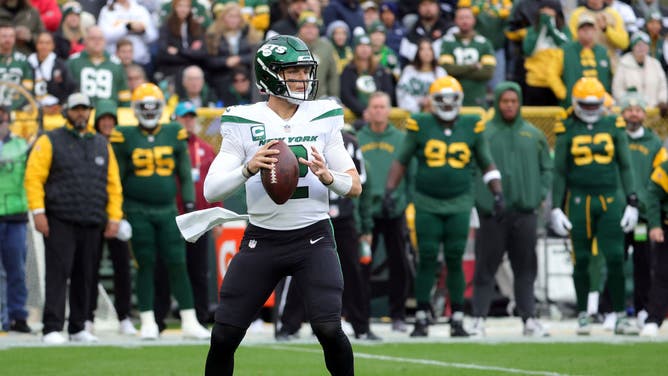 Jets QB Zach Wilson looks to throw vs. the Packers at Lambeau Field in Green Bay, Wisconsin.