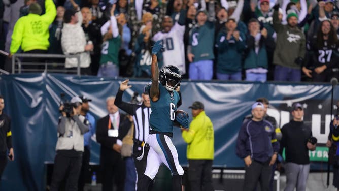 Philadelphia Eagles WR DeVonta Smith reacts after a TD against the Dallas Cowboys at Lincoln Financial Field in Philadelphia, Pennsylvania.