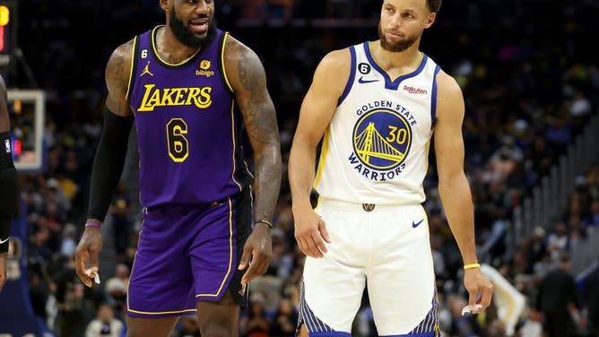 LeBron James speaks to Stephen Curry during their game at Chase Center in San Francisco, California.